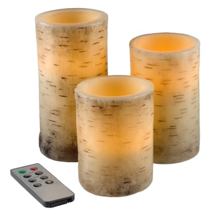 Hastings Home Set of 3 Flickering Flameless LED Candles with Birch Bark, Battery Operated Real Wax Pillar Candles 606786QCS